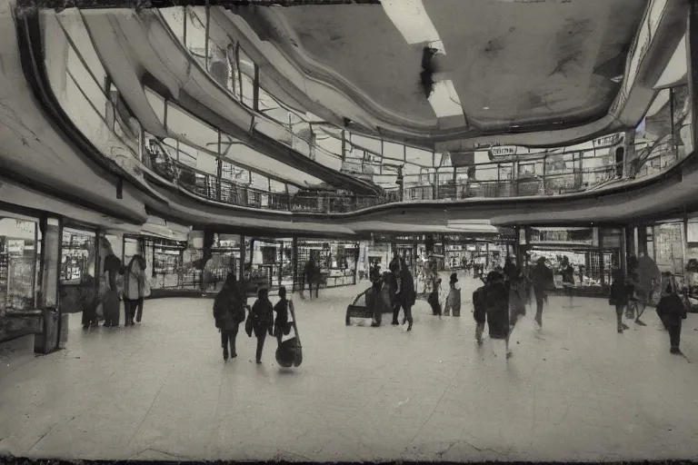 Image similar to decayed photograph of a dystopian shopping mall, bleakly lit with hunched over shoppers moving between the stores