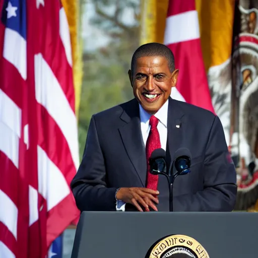 Image similar to president with clown makeup in a podium as the puppet of a human shadow