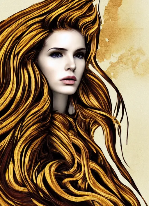 Image similar to dramatic digital art of a woman with super wavy snake goldened marble hair. moody and melanchonic.