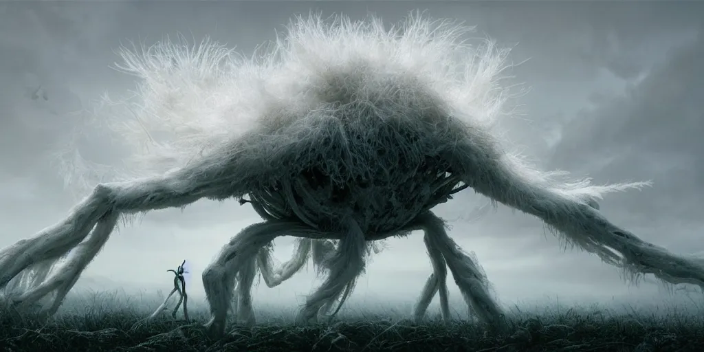 Prompt: ominous massive colossal white feathery sci - fi spider crab monster covered in white fuzzy fungus with spider - like legs, green rural country landscape, thick heavy fog, dusk, golden hour, blue hour, dreamy cloud filled sky, by gerald brom, greg rutkowski, photo realism, unreal engine, c 4 d, atmospheric, crepuscular, noctilucent