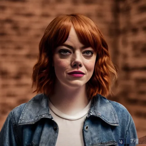 Image similar to Emma Stone in Stranger Things, XF IQ4, 150MP, 50mm, f/1.4, ISO 200, 1/160s, natural light, Adobe Photoshop, Adobe Lightroom, DxO Photolab, Corel PaintShop Pro, rule of thirds, symmetrical balance, depth layering, polarizing filter, Sense of Depth, AI enhanced