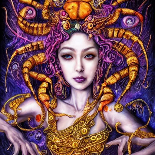 Image similar to portrait of a scorpion goddess, full body shot, fantasy, whimsical, horror, art by josephine wall and and hr geiger and chengwei pan and amanda sage, intricately detailed, highly detailed, luxurious, elegant, clean, unsettling, trending on artstation