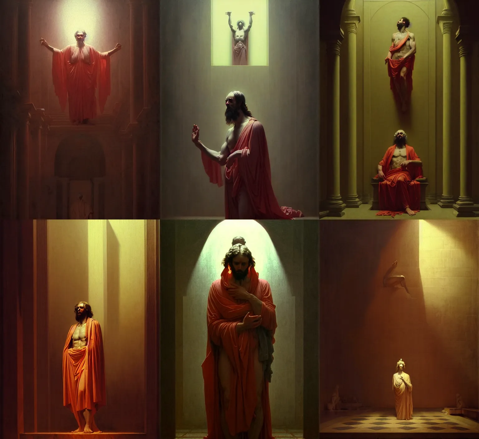 Prompt: neoclassical portrait of a false prophet in his temple, by jacques - louis david, by greg rutkowski, by zdzisław beksinski, trending on artstation, featured on pixiv, masterpiece, oil on canvas, cinematic composition, beautiful lighting,