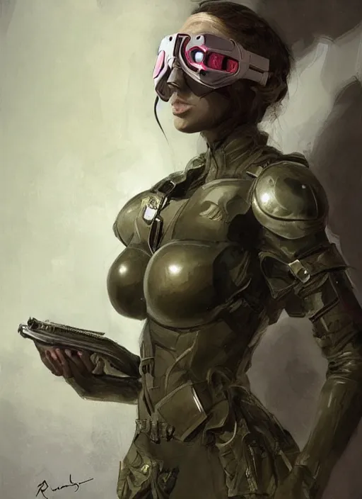 Image similar to a professional painting of a beautiful young female, clothed in stealth armor, nightvision goggles, olive skin, long dark hair, beautiful bone structure, symmetrical facial features, intricate, elegant, digital painting, concept art, smooth, sharp focus, illustration, from Metal Gear, by Ruan Jia and Mandy Jurgens and Artgerm and William-Adolphe Bouguerea