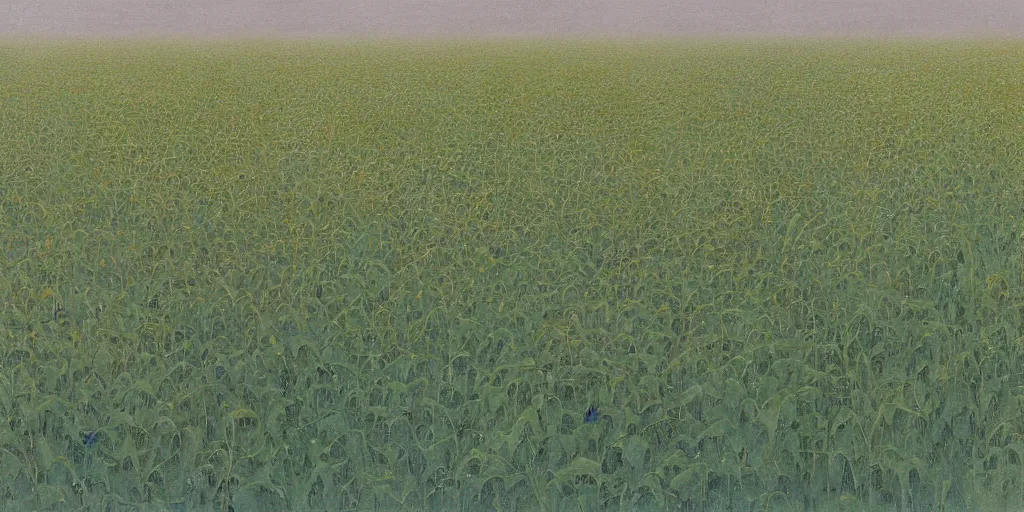 Image similar to Artwork by John Howe of an insect-covered field of crops