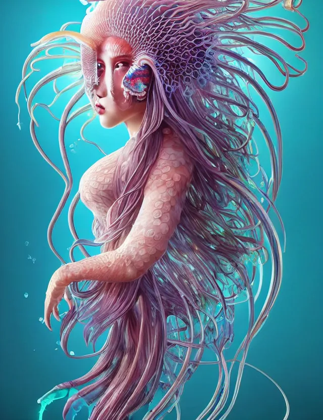 Image similar to 3 d goddess jellyfish half - turn portrait with long hair with ram skull. beautiful intricately detailed japanese crow kitsune mask and clasical japanese kimono. betta fish, jellyfish phoenix, bio luminescent, plasma, ice, water, wind, creature, artwork by tooth wu and wlop and beeple and greg rutkowski