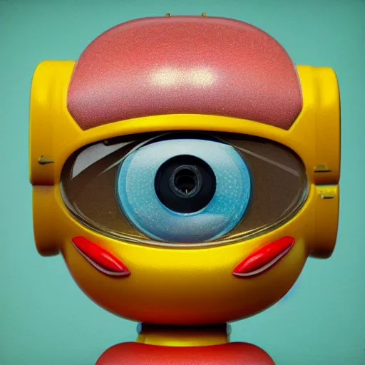 Image similar to closeup portrait of tin toy retro robot yellow duck, depth of field, red zeiss lens, detailed, centered, fashion photoshoot, by nicoletta ceccoli, mark ryden, lostfish, extremely detailed, artistic, hyperrealistic, octane render