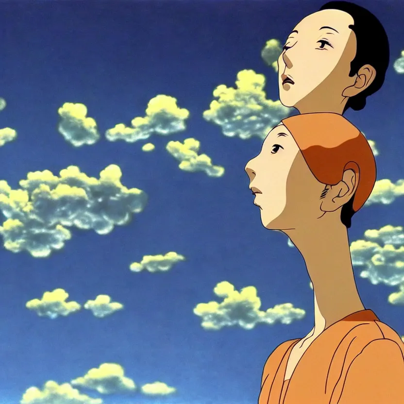 Image similar to film still of a scientist looking up in the dreamy sky, highly detailed, sharp focus, surreal, dreamlike, by satoshi kon and salvador dali