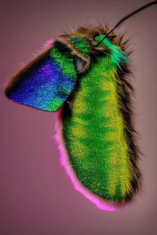 Image similar to high quality macro photo silky iridescent furry moth! jewelled gorgeous! highly detailed david ligare elson peter cinematic blue neon lighting high quality low angle hd 8k sharp shallow depth of field