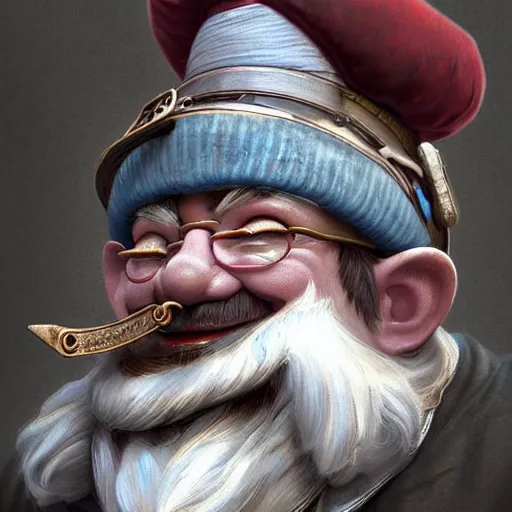 Image similar to 1800's vintage portrait of a grinning steampunk male gnome with big red nose, highly detailed, digital painting, art by Stanley Lau and Artgerm and magali villeneuve and Alphonse Mucha, artstation, octane render, cgsociety