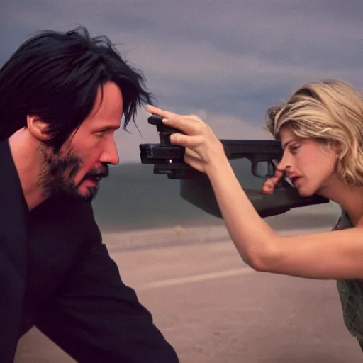 Prompt: a photo of keanu reeves aiming a gun at melanie laurent kodak portra 4 0 0, 8 k, macro, cinematic style by emmanuel lubezki