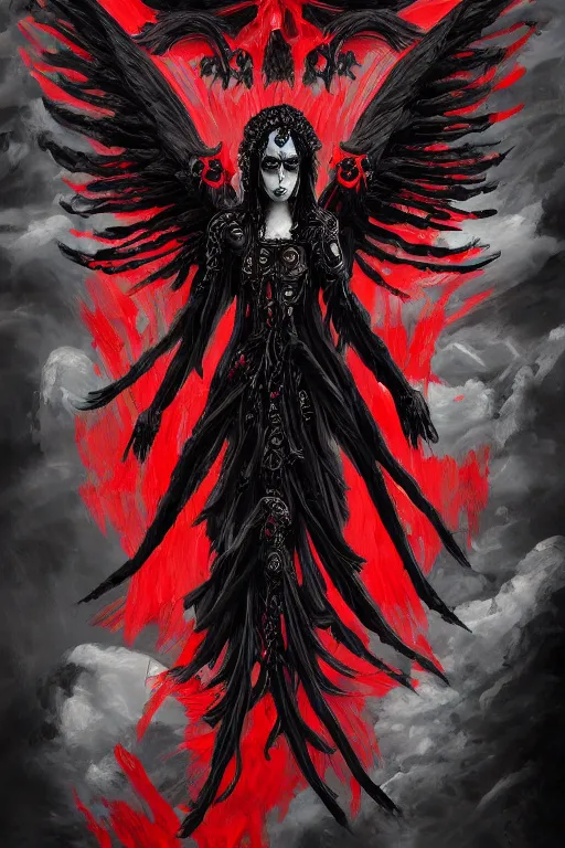 Image similar to painting of an ominous bright black and red angel of death with many skulls in dark clouds, full-body portrait, highly detailed, ornate and elegant, fantasy, traditional art, gothic, abstract art, surrealism, concept art, on artstation