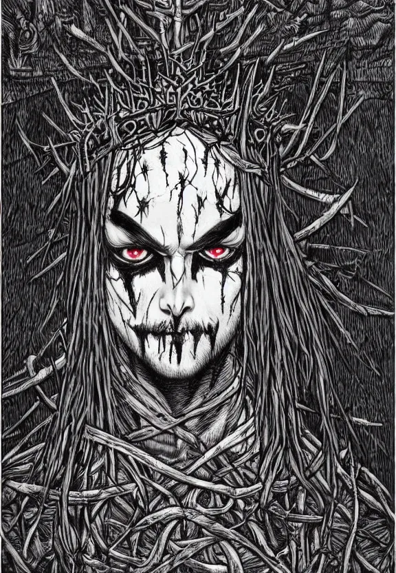 Prompt: man wearing corpse paint and a crown on thorns with long black hair, tears of blood. Wide shot at night. Detailed artwork by Junji Ito and dan Mumford