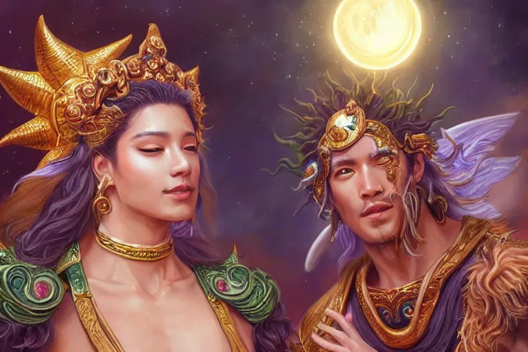 Image similar to close up moment of a divine a sun god and a moon goddess lovers magician at a wedding banquet, highly detailed, d & d, fantasy, highly detailed, digital painting, trending on artstation, concept art, sharp focus, asian feature, illustration, art by artgerm and daniel gerhartz and magali villeneuve