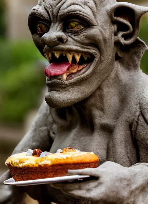 Image similar to closeup portrait of a medieval goblin gargoyle eating cakes in the cloisters, depth of field, zeiss lens, detailed, symmetrical, centered, fashion photoshoot, by Annie Leibovitz and Steve McCurry, David Lazar, Jimmy Nelsson, Breathtaking, 8k resolution, extremely detailed, beautiful, establishing shot, artistic, hyperrealistic, beautiful face, octane render