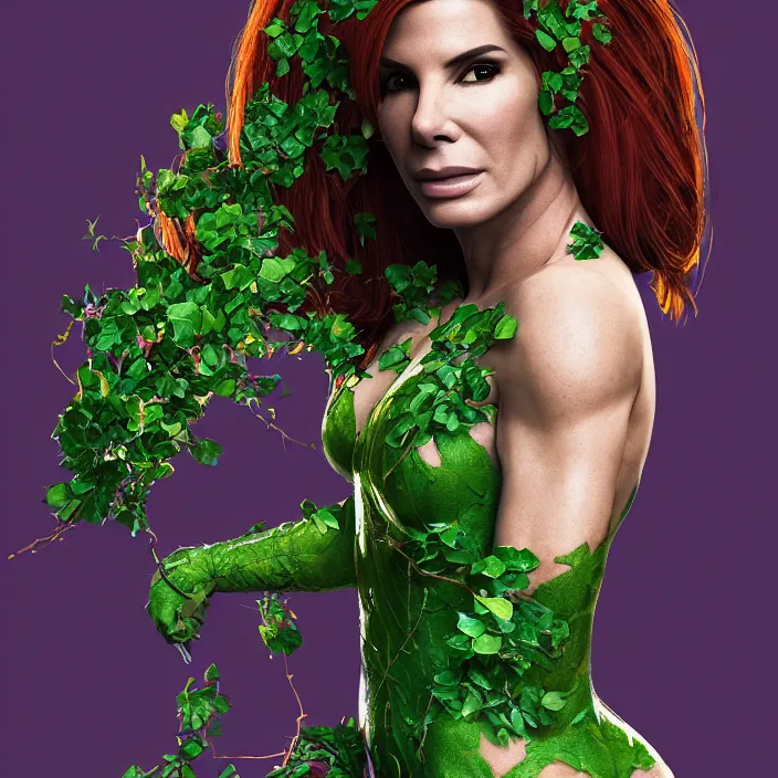 Prompt: portrait of Sandra Bullock as a Poison Ivy in Batman & Robin 1997. intricate artwork. by Tooth Wu, wlop, beeple, dan mumford. octane render, trending on artstation, greg rutkowski very coherent symmetrical artwork. cinematic, hyper realism, high detail, octane render, 8k