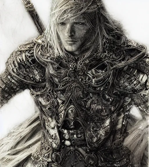 Prompt: portrait of long hair blond man in armor, pen and ink, intricate line drawings, by craig mullins, ruan jia, kentaro miura, greg rutkowski, loundraw