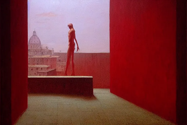 Image similar to only with red, caesar after war, the great deal, a red tiger, in hoc signo vinces, rome in background, an ancient path, in the style of beksinski, part by hopper, part by rodcenko, part by hofbauer, intricate composition, red by caravaggio, insanely quality, highly detailed, masterpiece, red light, artstation