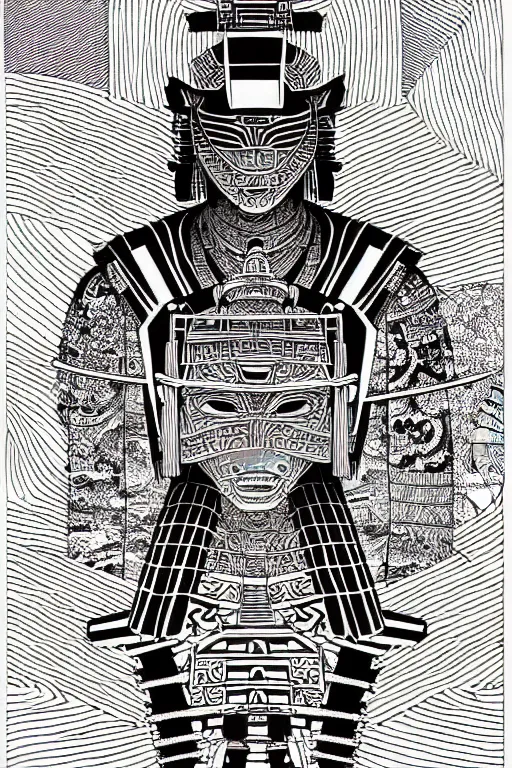 Image similar to a black and white drawing of an ancient future japanese temple samurai, a detailed mixed media collage by hiroki tsukuda and eduardo paolozzi and moebius, intricate linework, sketchbook psychedelic doodle comic drawing, geometric, street art, polycount, deconstructivism, matte drawing, academic art, constructivism