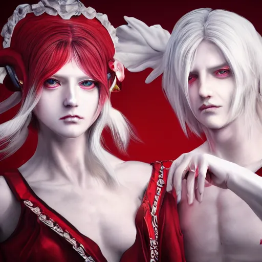 Prompt: Epic rococo painting of two young identical twins, with white skin, long white hair and red eyes. Wearing red clothes. Middle age. Shin megami tensei style, ultra-detailed. Anime, pixiv, UHD 8K CryEngine, octane render