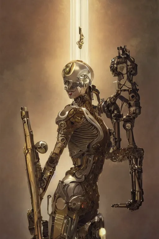 Image similar to organic cyborg holding a weapon, art deco, soft lighting, sci fi fantasy, intricate, elegant, highly detailed, lifelike, photorealistic, 2d matte illustration, artstation, illustration, concept art, smooth, sharp focus, art by John Collier and Albert Aublet and Krenz Cushart and Artem Demura and Alphonse Mucha