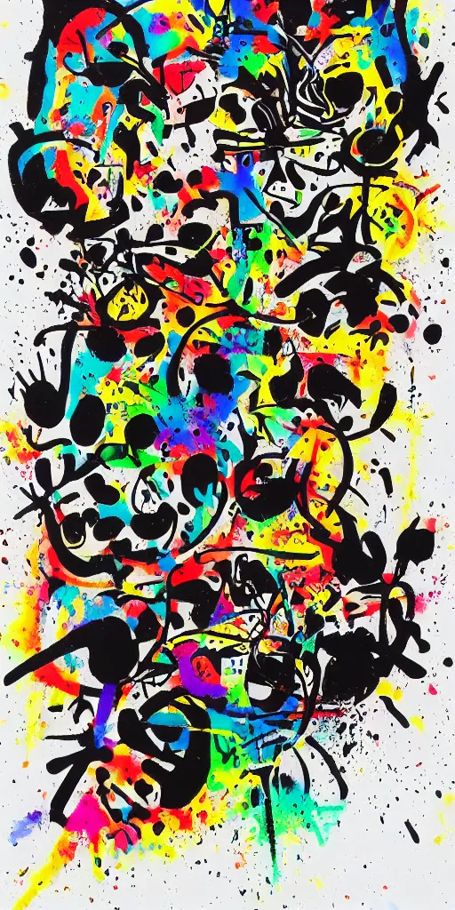 Prompt: minimalistic graffiti masterpiece, black background, psychedelic therapy, artwork by joan miro, trending on ArtStation, ink splatters, pen lines, incredible detail, creative, positive energy, happy, unique, negative space, face, artgerm