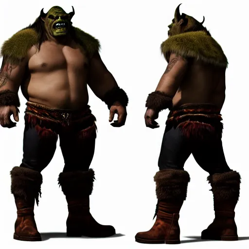 Image similar to A full body shot of a handsome orc looking into the camera wearing a leather fur jacket and boots, full body shot, artstation, realistic, highly detailed, symmetrical, hyper realism, warcraft, dynamic pose, high detail, octane render, unreal engine, 8k, fantasy art, highly detailed, concept art