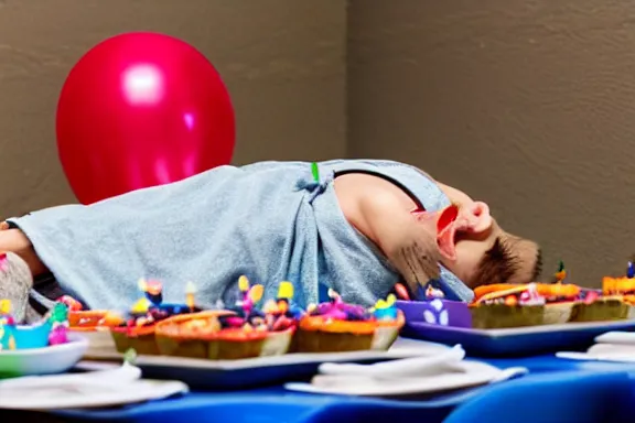 Image similar to a dead body on the table at a kids birthday party