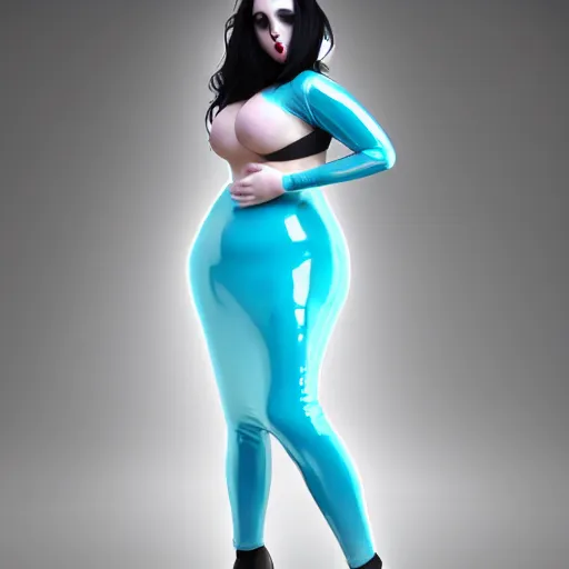 Image similar to curvy feminine hot goth cutie in a sublime elegant polished white latex neck-high gown with cyan trim and latex leggings, thin waist, cgsociety, photorealistic, comfy ambience, idealistic, 16k, smooth, sharp focus, trending on ArtStation, volumetric lighting, fully clothed, worksafe