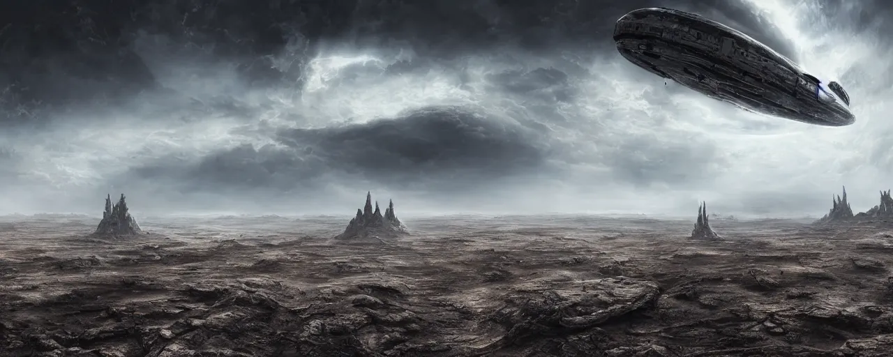 Image similar to a large organic like spaceship landing on a barren dry land with an epic cloud formation on the background by HR GIger, Dariusz Zawadzki, gustave doré, zhuoxin ye, very detailed, octane render, 8k, oranate and brooding, scary and dark, canon 24mm lens