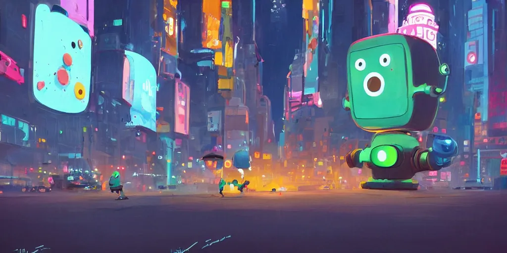 Image similar to cute cartoon robot in Times Square at night by Goro Fujita and Simon Stalenhag , 8k, trending on artstation, hyper detailed, cinematic