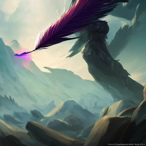 Prompt: magical feather pen, magic smoke trails on the feather pen, epic fantasy style, in the style of Greg Rutkowski, hearthstone artwork