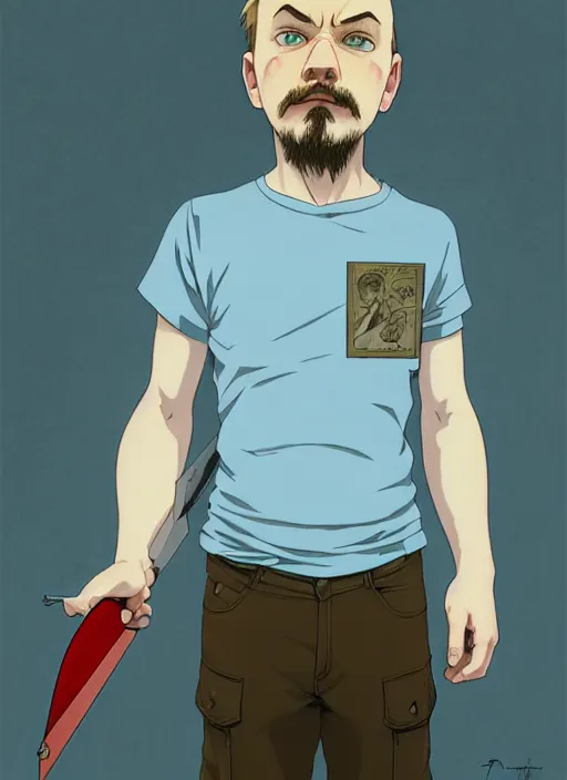Prompt: art young lenin with razor blade, light blue eyes, pale skin, freckles, sad expression, t - shirt, modern casual clothing, natural lighting, path traced, highly detailed, high quality, cartoon, digital painting, by don bluth and ross tran and studio ghibli and alphonse mucha