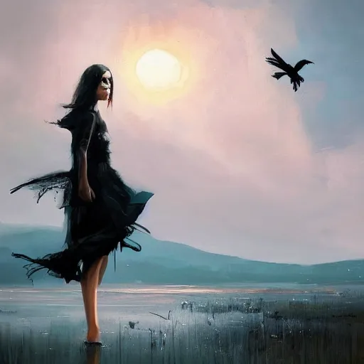 Image similar to morning, a woman in a black dress with a raven head. no face. sun, cinematic, clouds, vogue cover style, contracting colors mood, realistic painting, intricate oil painting, high detail, figurative art, poster art, by simon bisley, ismail inceoglu, wadim kashin, filip hodas. pixar theme.