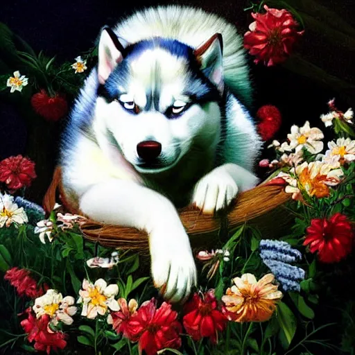 Image similar to beautiful painting of a cute husky sleeping in flowers. sci fi concept art by * caravaggio *