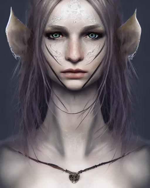 Image similar to portrait of a beautiful female elf with shimmering hair, symmetrical face and eyes, cgsociety, Elden Ring, Dark Souls, Bloodborne