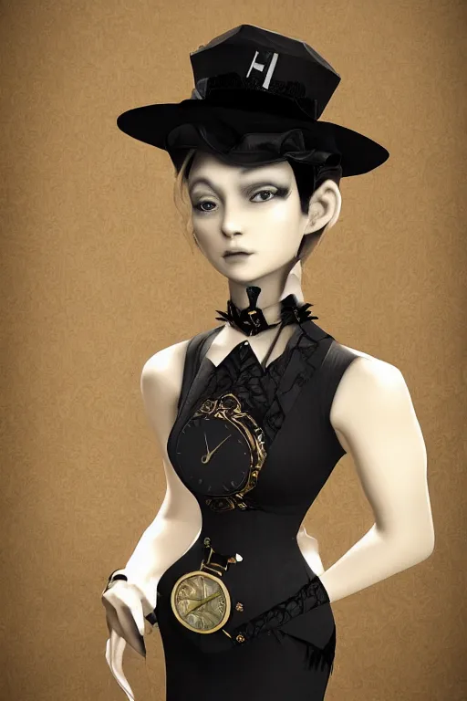 Image similar to a timekeeper with a pocket watch face. silk hat, full body, gothic, intricate, ornate, ultra realistic, unreal engine