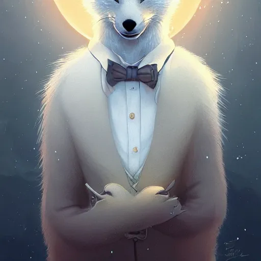 Image similar to elegant anthropomorphic arctic fox butler by artgerm, victo ngai, ryohei hase, artstation, highly detailed digital painting, smooth, global illumination, fantasy art by greg rutkowsky, karl spitzweg