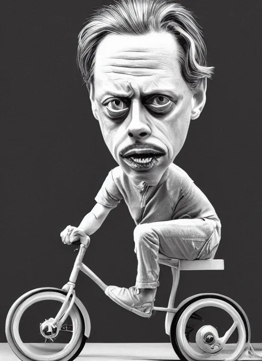 Prompt: hyperrealism steve buscemi riding a tricycle, light effect, hyper detailed, claymation, cartoon, detailed, realistic materials, sharp focus