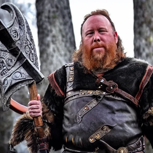 Image similar to Alex Jones dressed as a viking jarl, standing at the helm of a longship