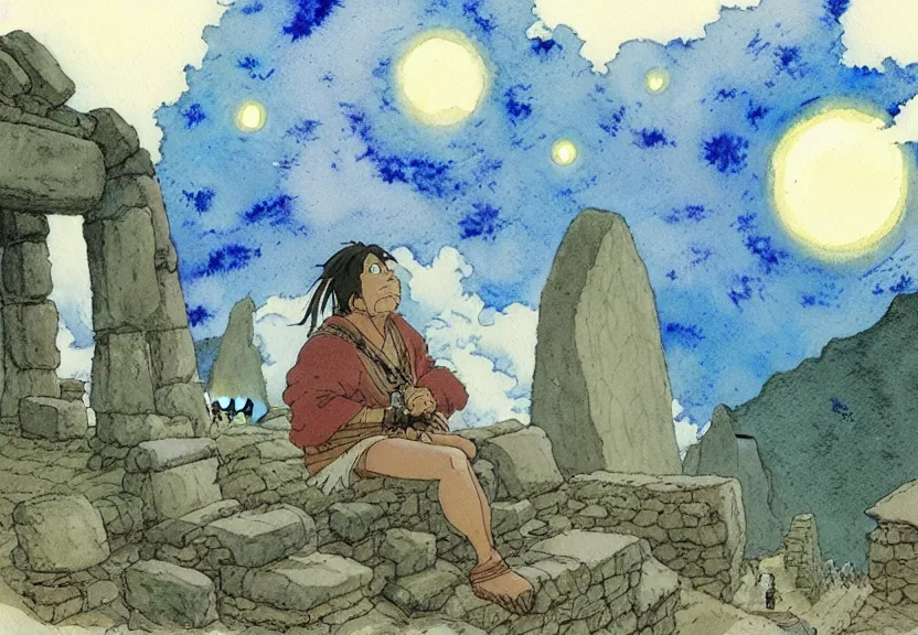 Image similar to a simple watercolor studio ghibli movie still fantasy concept art of a giant native american man sitting on a tiny stonehenge in machu pichu. it is a misty starry night. by rebecca guay, michael kaluta, charles vess