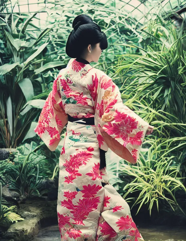 Prompt: fashion photograph of a beautiful Japanese woman wearing a traditional kimono in a tropical greenhouse, by Annie Leibowitz, by Alessio Albi, extremely detailed, large format camera, Fuji Provia film, bokeh, blurred background, photorealistic, trending on instagram, trending on artstation