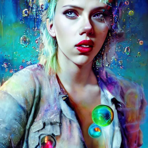 Image similar to young scarlett johansson as delirium from sandman, ( hallucinating colorful soap bubbles ), by jeremy mann, by sandra chevrier, by jean giraud and richard avedon, punk rock, tank girl, high detailed, 8 k