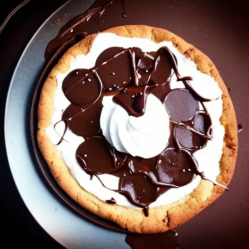 Prompt: iPhone 5S photograph of A hot cookie cake pizza with chocolate pepperonis made with chocolate sauce and whipped cream