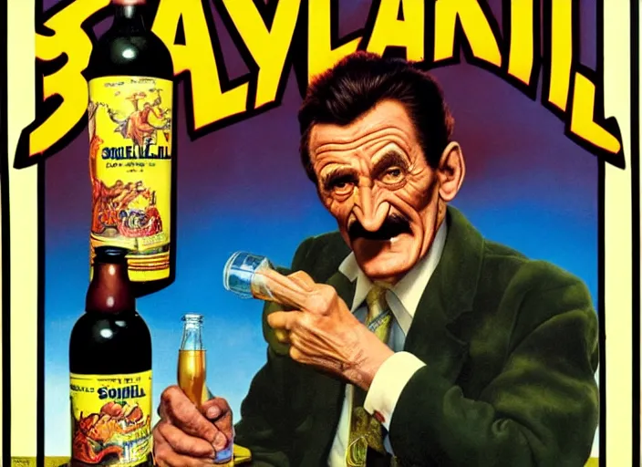 Prompt: barry chuckle drinking a bottle of snake oil, snake oil advertisement from 1 9 8 8, artwork by frank frazetta and richard corben, 3 d, high resolution 8 k