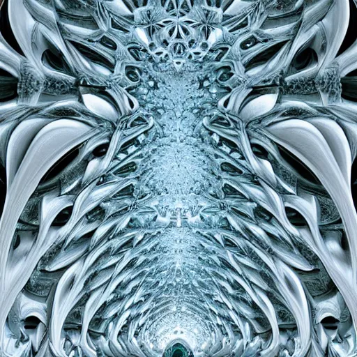 Image similar to a hyperrealistic 3 d painting of a huge sprawling fractal cathedral interior populated by mandelbrot fractals by android jones, unreal engine, carved soap, white color scheme, volumetric lighting, octane render, dramatic lighting, glowing, carved marble, opalescent, carved wood, sacred geometry, religious, angelic, catholicpunk, stark, 8 k, ultra detailed