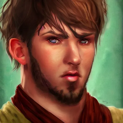 Prompt: realistic portrait, 25 years old man :: overweight fantasy mage :: green eyes, short black hair :: wearing a red brown robe :: high detail, digital art, RPG, concept art, illustration