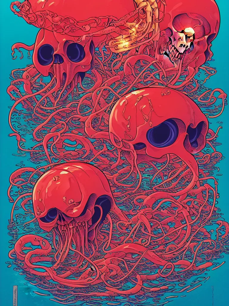 Prompt: a glowing red skull in the sea caught by a jellyfish by josan gonzalez and dan mumford and albrecht anker and miho hirano and ross tran and chiho aoshima, highly detailed, high contrast, pop art, comic shading, intricate details, blended color palette