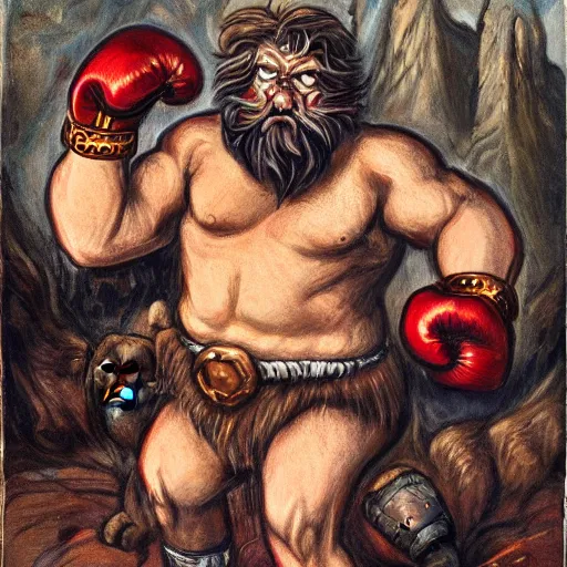 Prompt: dwarven men with boxing gloves fighting a lion