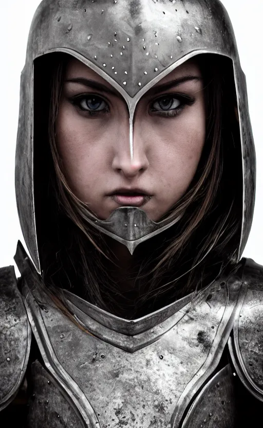 Prompt: photorealistic photograph of a beautiful young woman wearing black armor, angry eyes, no helmet, cinematic, 200mm prime lens